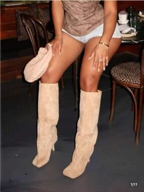 Knee-High Suede Stiletto Boots in Beige